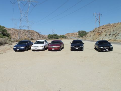 2003 Ford Crown Victoria - Five sedans line up front-on, ranging dark blue to maroon to black, on a dirt pullout.