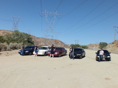 2003 Ford Crown Victoria - Five sedans front-on with owners standing alongside on a sandy lot below power towers.