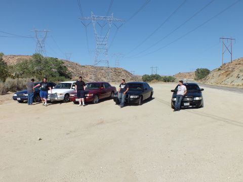 2003 Ford Crown Victoria - Car-club meetup of full-size sedans lined up on a desert dirt road beneath high-voltage towers