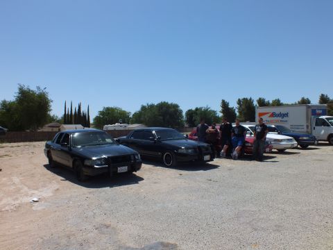2003 Ford Crown Victoria - Group of full-size sedans on a gravel lot with people gathered and a Budget truck behind