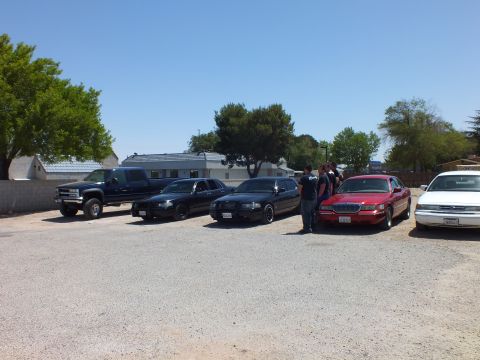 2003 Ford Crown Victoria - lifted pickup leads a row of full-size sedans including a red Lincoln Town Car.