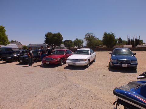 2003 Ford Crown Victoria - Red, white and blue full-size sedans in a row with a personal watercraft in foreground.