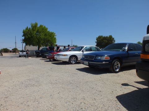 2003 Ford Crown Victoria - Blue Crown Victoria with chrome wheels anchors an angled row of full-size sedans.