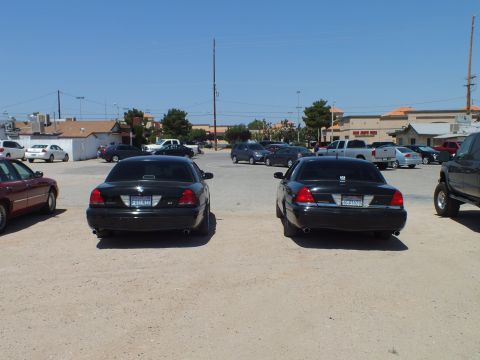 2003 Ford Crown Victoria - Pair of black sedans rear-first with town and palm trees on the horizon