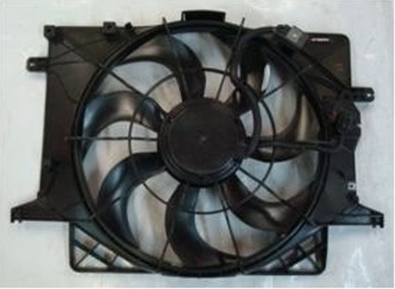 Black radiator fan assembly with a central motor and plastic blades