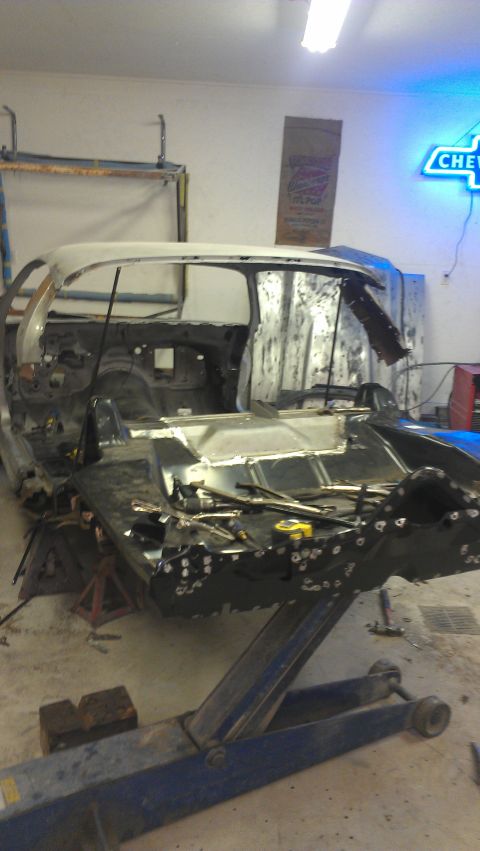 1970 Chevrolet Camaro - Body shell of a 1970 Chevrolet Camaro is shown on a lift, in the process of restoration.