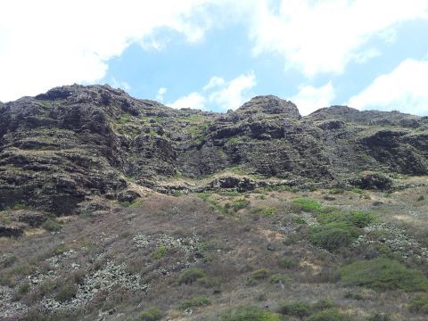 1990 Chevrolet Suburban - A view of a , rocky hillside with dry brush and scattered green foliage under a partly cloudy sky.
