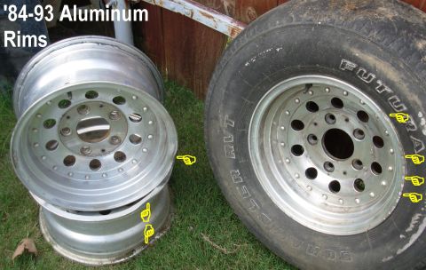 1983 Ford Bronco - Aluminum (fake rivet) Rims from '84-93 Ford trucks & Broncos Note dents & scrapes