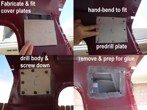 1983 Ford Bronco - I found a piece of scrap about the right thickness, cut it into plates, fit them to the body's curves, marked & predrilled them, then drill…
