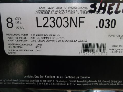 1967 Ford Mustang - Packaging for a part, possibly related to a Ford vehicle, with part number L2303NF and size .030 visible.