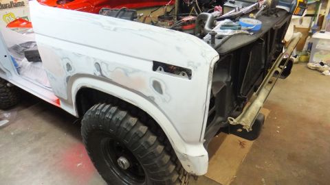 1983 Ford Bronco - This 1983 Ford Bronco is undergoing bodywork on its front fender and grille area.