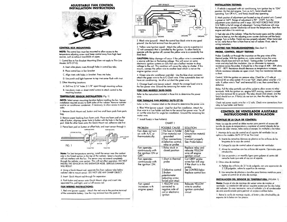 Adjustable electric fan control installation instructions with troubleshooting chart, English and Spanish