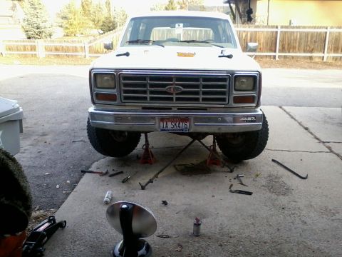 1981 Ford Bronco - This 1981 Ford Bronco is elevated on jack stands, suggesting maintenance or repair work is underway, with tools visible on the ground.