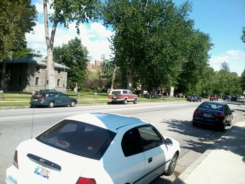 1981 Ford Bronco parked on street, rear view. Other cars and buildings visible