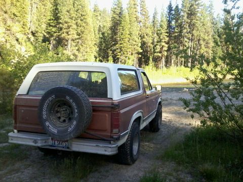 1981 Ford Bronco - This 1980 Ford Bronco is seen from the rear, parked off-road by a wooded area and river.