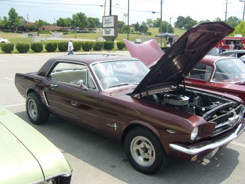 2007 Ford Mustang - A classic Ford Mustang is displayed with its hood open at an outdoor car show.