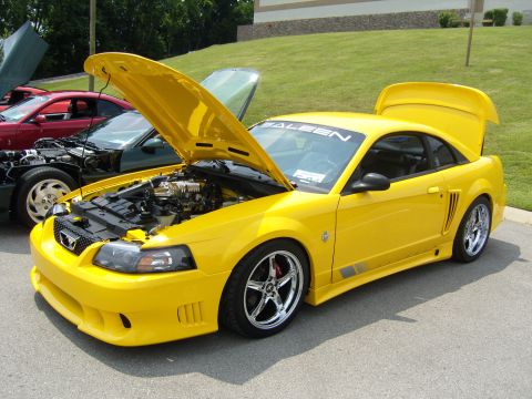 2007 Ford Mustang - Yellow Saleen Mustang with hood and trunk open at an outdoor car show.