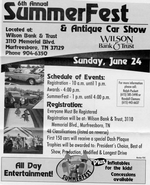 2007 Ford Mustang - Promotional flyer for the SummerFest and Antique Car Show with schedule and registration details.