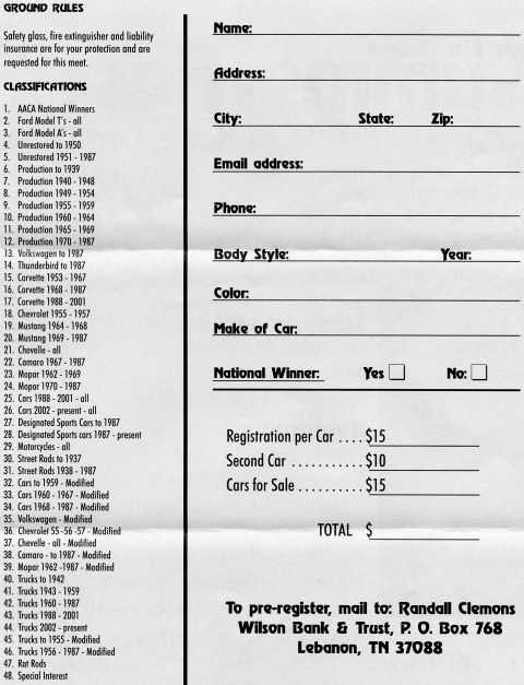 2007 Ford Mustang - Car show registration form listing vehicle classifications and entry fees for pre-registration.