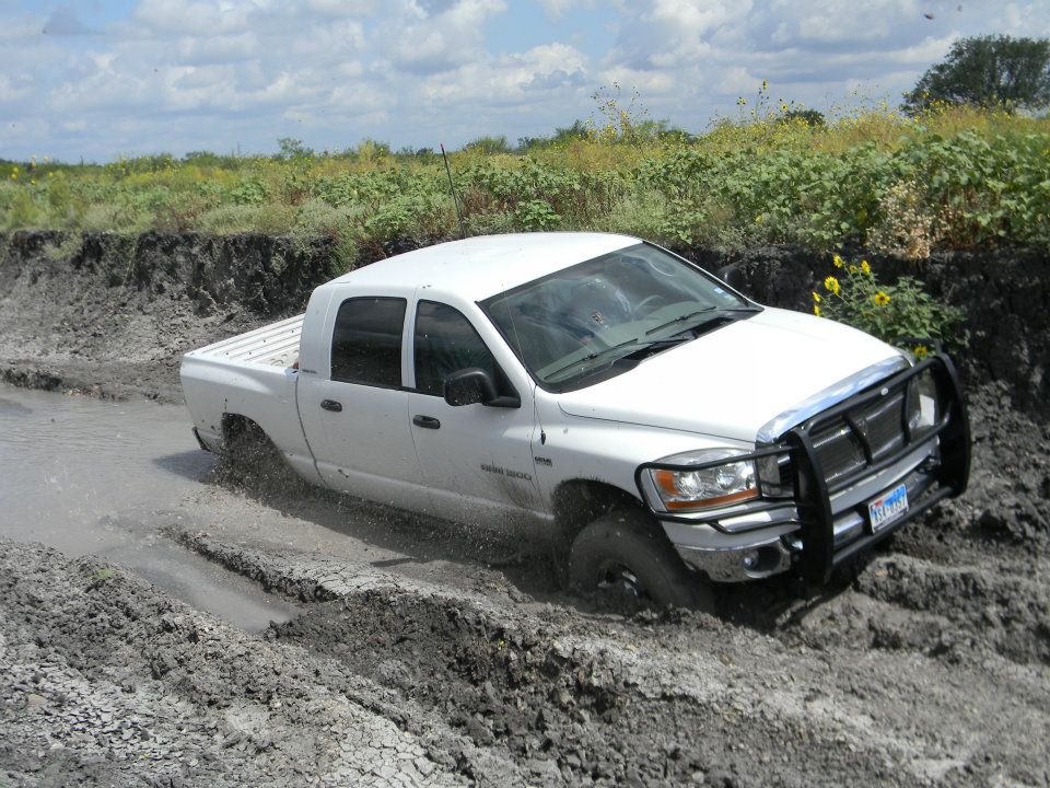 White pickup truck stuck in mud, front bull bar visible