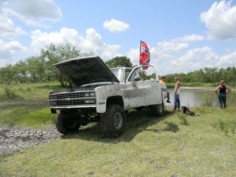 1989 Ford Bronco - A muddy white pickup truck sits with its hood open near a pond, while people and a dog stand nearby under a cloudy sky.