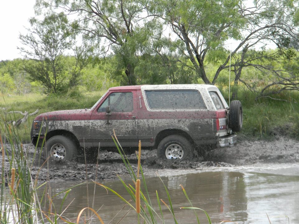 1989 Ford Bronco covered in mud driving through a muddy puddle with cattails in the foreground