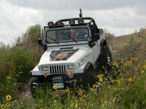 1989 Ford Bronco - White Jeep Wrangler with custom decals navigates an off-road trail with yellow wildflowers.