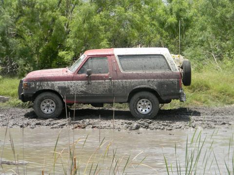1989 Ford Bronco - This SUV is covered in mud and appears to be stuck in a muddy area with water.