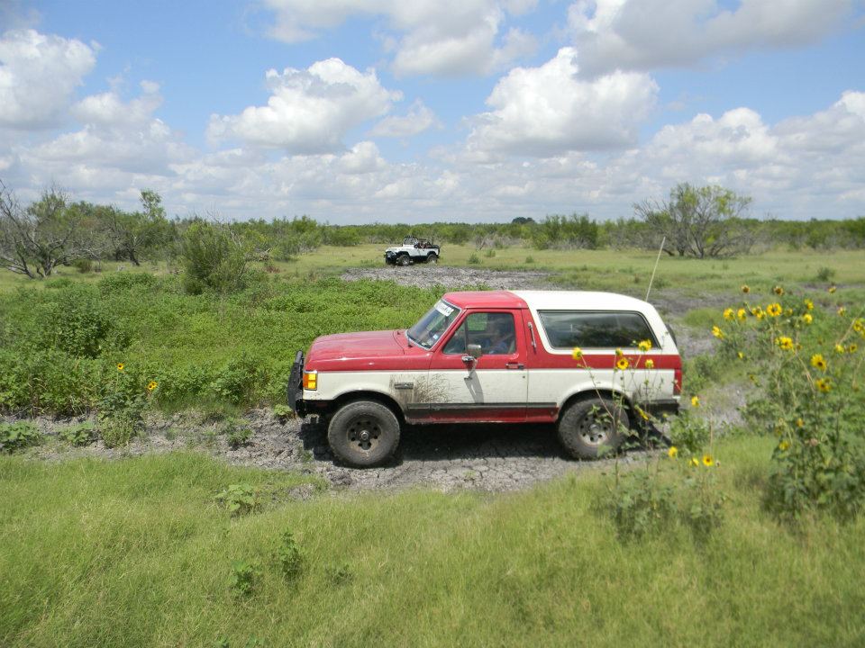 Red and white Ford Bronco driving on a muddy dirt road with green grass and sunflowers