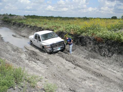 1989 Ford Bronco - A white pickup truck navigates a challenging muddy terrain, with a person observing the situation.