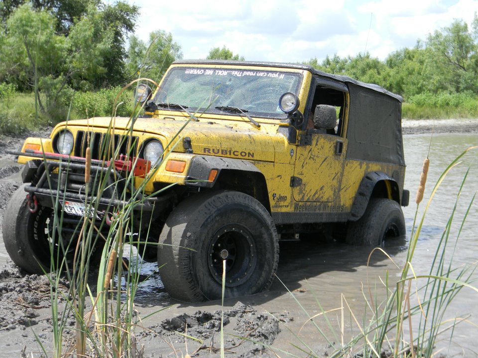 Yellow Jeep Wrangler Rubicon stuck in mud with tall grass around it