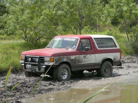 1989 Ford Bronco - This Ford Bronco is navigating a muddy trail, with 'TEXAS 4 WHEELERS' visible on the windshield.