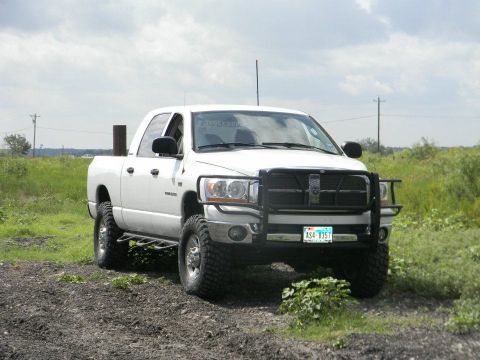 1989 Ford Bronco - This white Dodge Ram pickup truck is equipped with a brush guard and off-road tires.