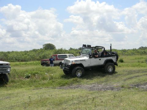 1989 Ford Bronco - A red and white Ford Bronco is parked in a grassy field next to a white Jeep Wrangler.