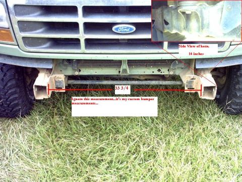 1995 Ford Bronco - Front view of a 1995 Ford Bronco showing custom bumper measurements.