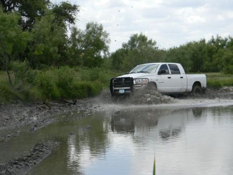 1989 Ford Bronco - Pickup truck navigates a water and mud crossing with trees in the background.
