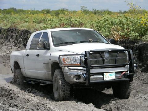 1989 Ford Bronco - This white pickup truck, possibly a 2006 Dodge Ram, navigates a muddy terrain with a prominent bull bar on the front.