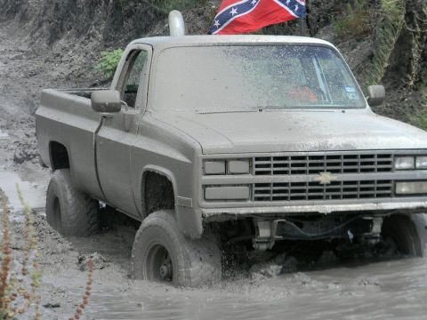 1989 Ford Bronco - This pickup truck is stuck deep in the mud, with a Confederate flag waving from its antenna.