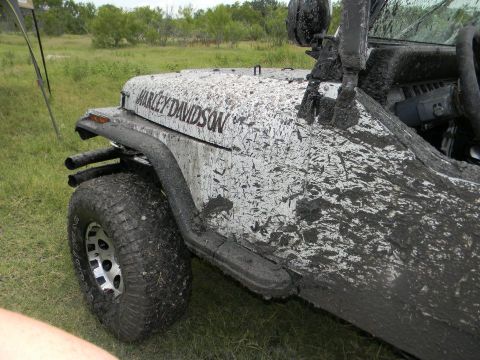 1989 Ford Bronco - This mud-covered Jeep Wrangler has a Harley-Davidson decal on its hood and appears to be off-roading.