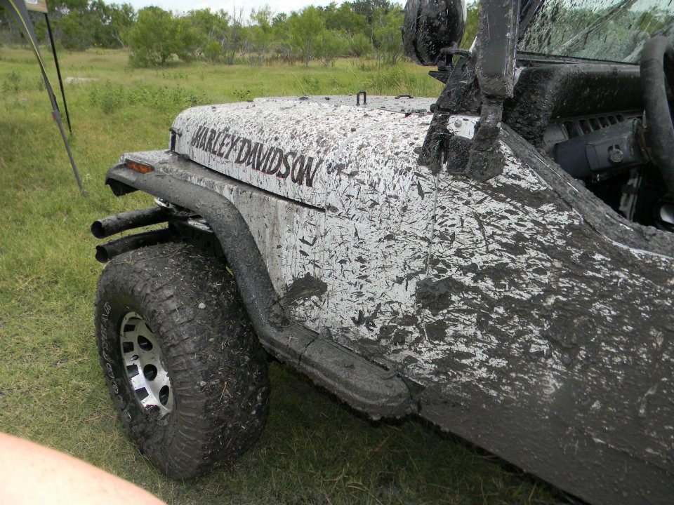 Mud-splattered Jeep Wrangler showing Harley-Davidson decal on hood