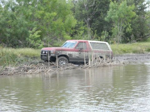 1989 Ford Bronco - Muddy 1989 Ford Bronco navigating through water and thick mud.