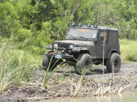 1989 Ford Bronco - This Jeep Wrangler is navigating a challenging off-road course, covered in mud.