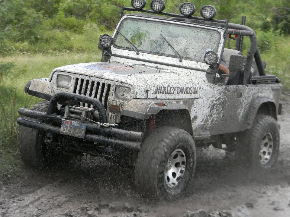 White Jeep Wrangler with Harley Davidson decal, covered in mud, driving through a muddy trail