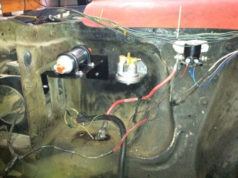 1968 Ford Ranchero - Starter solenoid, fuel filter/reservoir, and fuel pump being mocked up. The only thing that ended up being moved was the fuel pump. It now…