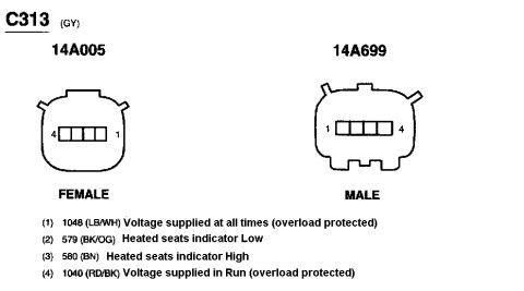 2005 Ford Crown Victoria - This diagram details the wiring for heated seats, showing connector pin assignments and wire color codes.
