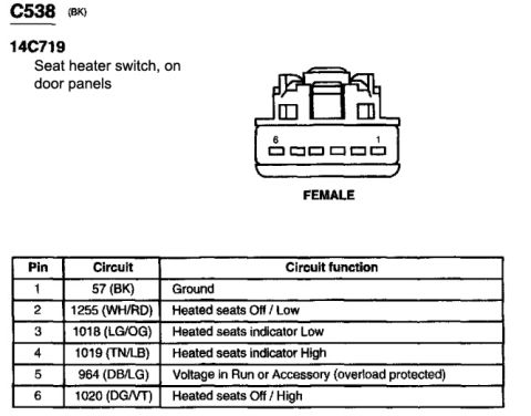 2005 Ford Crown Victoria - This diagram illustrates a seat heater switch connector and its associated wiring, not a specific vehicle model year.