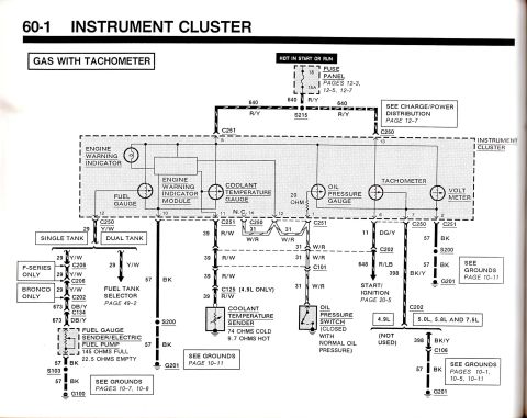 1990 Ford Bronco - This diagram details the instrument cluster wiring for a 1990 Ford Bronco, including fuel, oil, and temperature gauges.