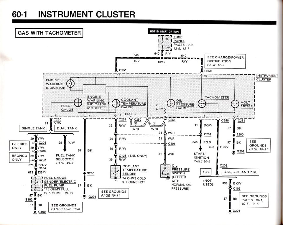 Instrument cluster wiring diagram, gas with tachometer, showing gauges, senders and color codes