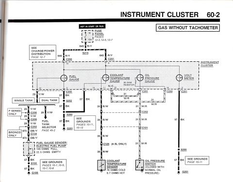 1990 Ford Bronco - This diagram shows the wiring for the instrument cluster, including fuel, coolant temperature, oil pressure gauges, and a voltmeter.