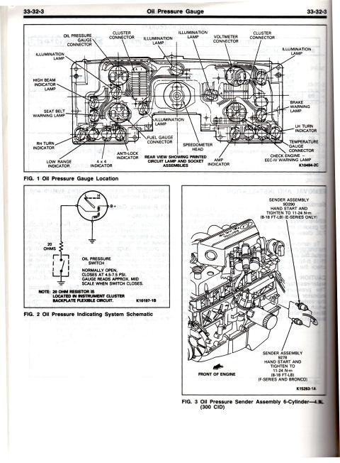 1990 Ford Bronco - Diagrams detail the oil pressure gauge location, system schematic, and sender assembly for a 6-cylinder engine, likely from a Ford Bronco.